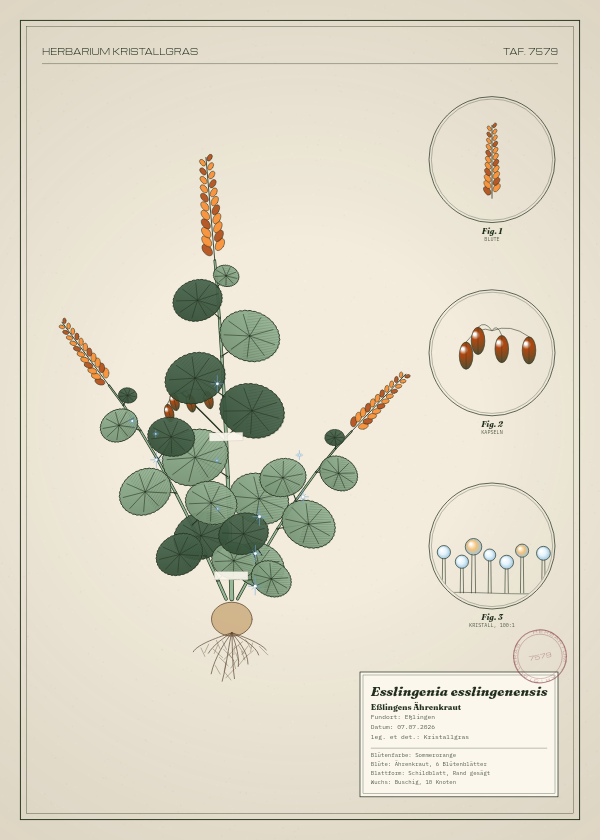 Botanische Tafel: Esslingenia esslingenensis, eine erfundene Pflanze aus Eßlingen, gezeichnet wie in einem alten Pflanzenatlas