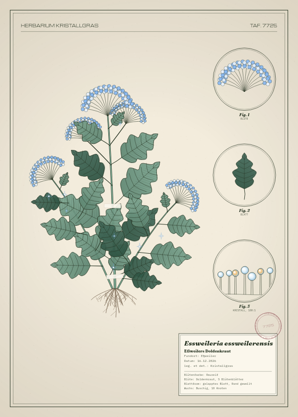 Botanische Tafel: Essweileria essweilerensis, eine erfundene Pflanze aus Eßweiler, gezeichnet wie in einem alten Pflanzenatlas