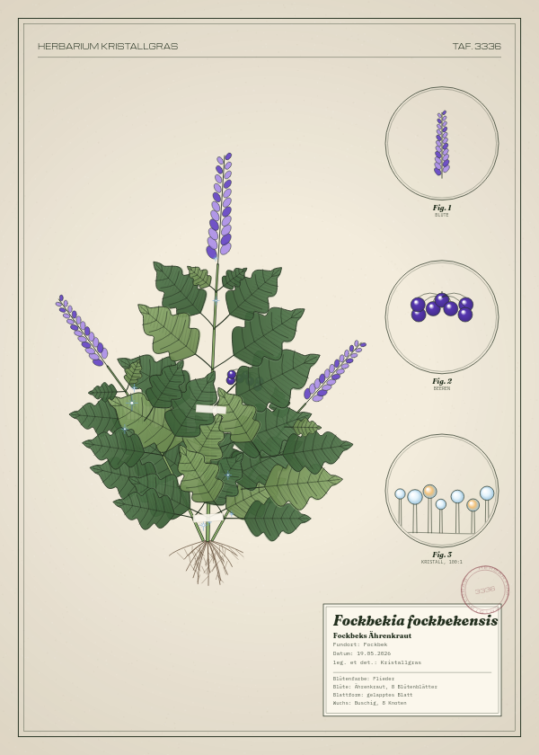 Botanische Tafel: Fockbekia fockbekensis, eine erfundene Pflanze aus Fockbek, gezeichnet wie in einem alten Pflanzenatlas