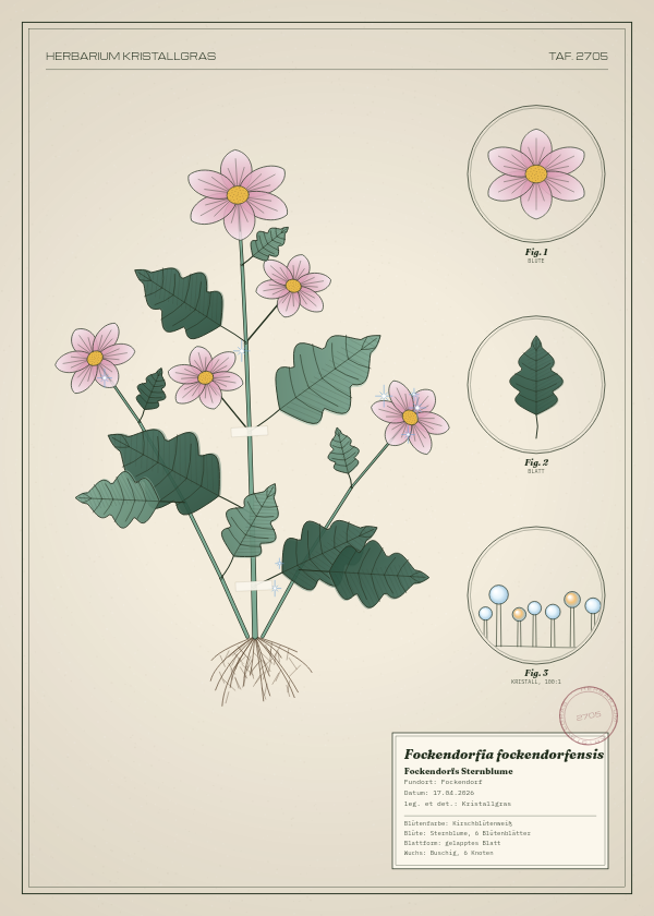 Botanische Tafel: Fockendorfia fockendorfensis, eine erfundene Pflanze aus Fockendorf, gezeichnet wie in einem alten Pflanzenatlas