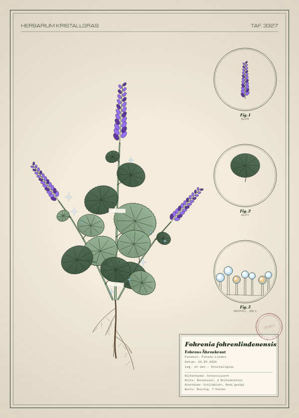 Botanische Tafel: Fohrenia fohrenlindenensis, eine erfundene Pflanze aus Fohren-Linden, gezeichnet wie in einem alten Pflanzenatlas