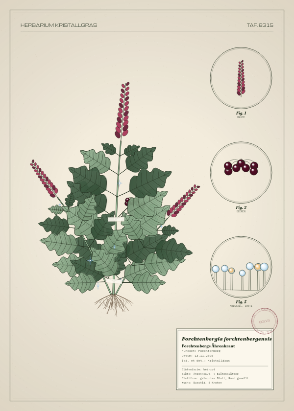 Botanische Tafel: Forchtenbergia forchtenbergensis, eine erfundene Pflanze aus Forchtenberg, gezeichnet wie in einem alten Pflanzenatlas