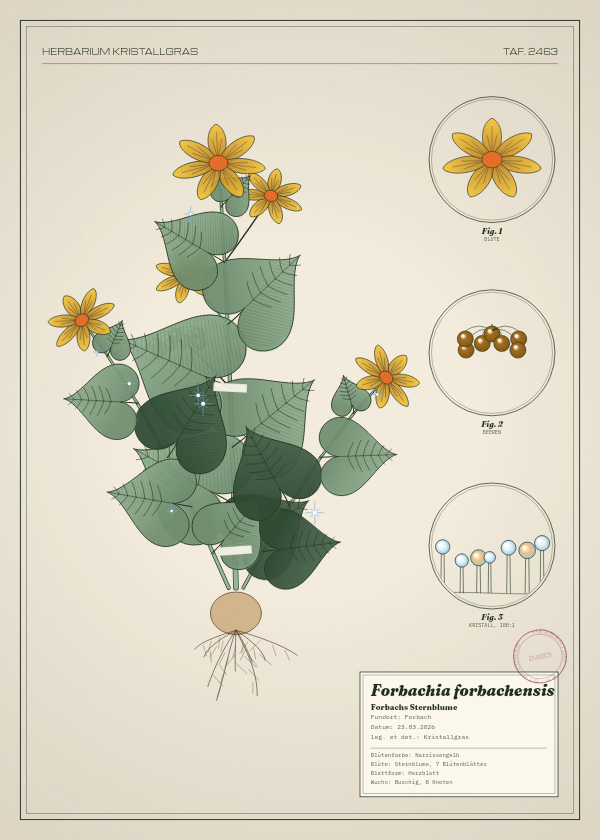 Botanische Tafel: Forbachia forbachensis, eine erfundene Pflanze aus Forbach, gezeichnet wie in einem alten Pflanzenatlas