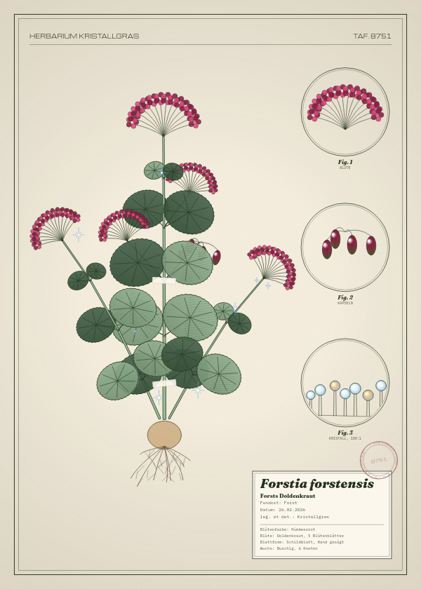 Botanische Tafel: Forstia forstensis, eine erfundene Pflanze aus Forst, gezeichnet wie in einem alten Pflanzenatlas
