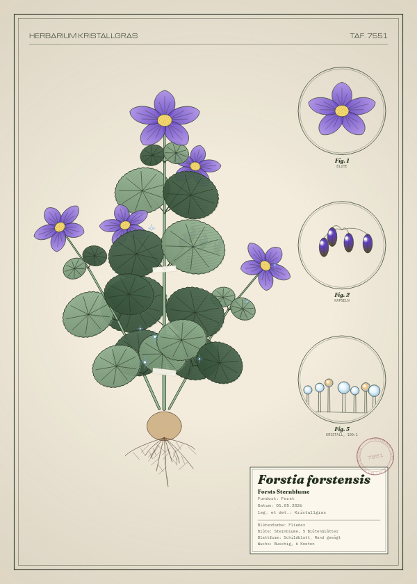 Botanische Tafel: Forstia forstensis, eine erfundene Pflanze aus Forst, gezeichnet wie in einem alten Pflanzenatlas