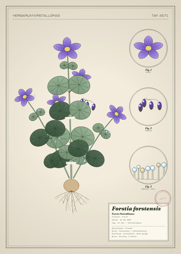 Botanische Tafel: Forstia forstensis, eine erfundene Pflanze aus Forst, gezeichnet wie in einem alten Pflanzenatlas