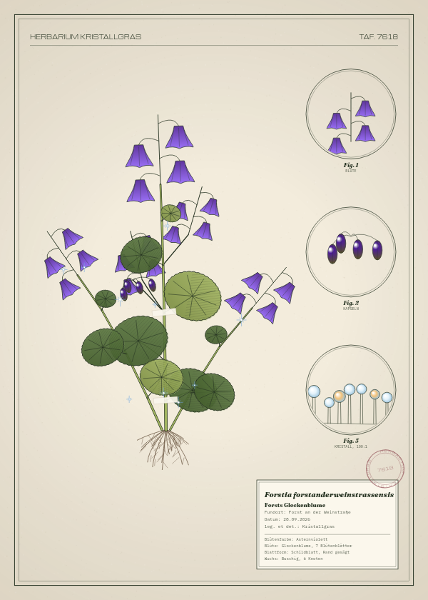 Botanische Tafel: Forstia forstanderweinstrassensis, eine erfundene Pflanze aus Forst an der Weinstraße, gezeichnet wie in einem alten Pflanzenatlas