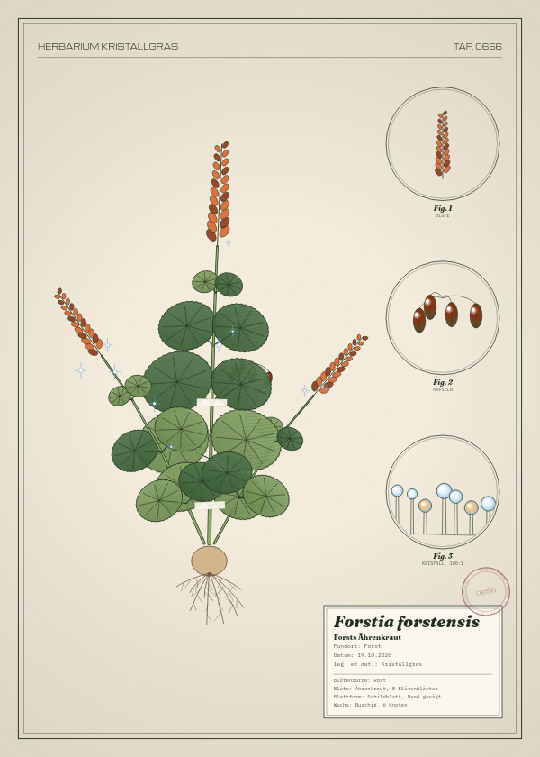 Botanische Tafel: Forstia forstensis, eine erfundene Pflanze aus Forst, gezeichnet wie in einem alten Pflanzenatlas
