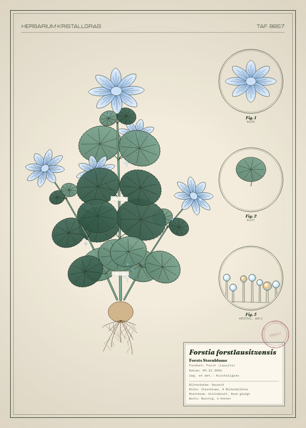 Botanische Tafel: Forstia forstlausitzensis, eine erfundene Pflanze aus Forst (Lausitz), gezeichnet wie in einem alten Pflanzenatlas