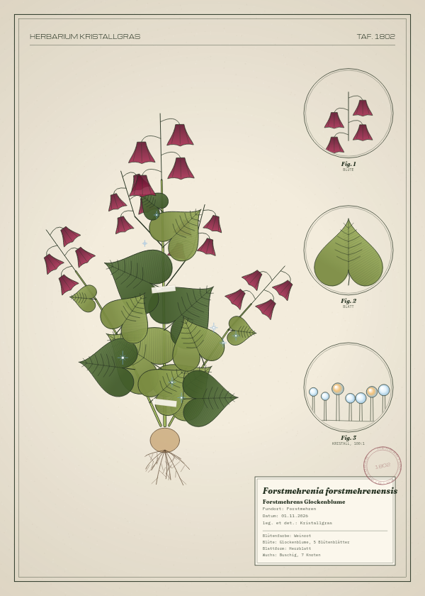 Botanische Tafel: Forstmehrenia forstmehrenensis, eine erfundene Pflanze aus Forstmehren, gezeichnet wie in einem alten Pflanzenatlas
