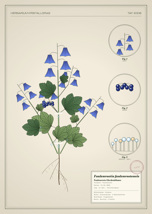 Botanische Tafel: Faulenrostia faulenrostensis, eine erfundene Pflanze aus Faulenrost, gezeichnet wie in einem alten Pflanzenatlas
