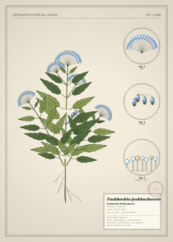 Botanische Tafel: Fachbachia fachbachensis, eine erfundene Pflanze aus Fachbach, gezeichnet wie in einem alten Pflanzenatlas