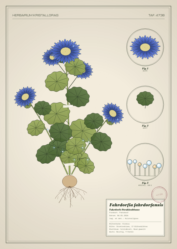 Botanische Tafel: Fahrdorfia fahrdorfensis, eine erfundene Pflanze aus Fahrdorf, gezeichnet wie in einem alten Pflanzenatlas