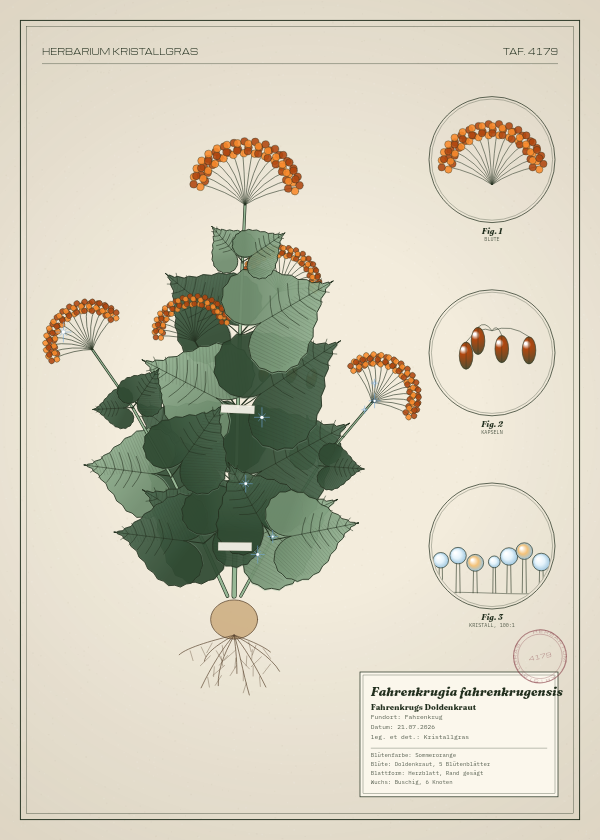 Botanische Tafel: Fahrenkrugia fahrenkrugensis, eine erfundene Pflanze aus Fahrenkrug, gezeichnet wie in einem alten Pflanzenatlas