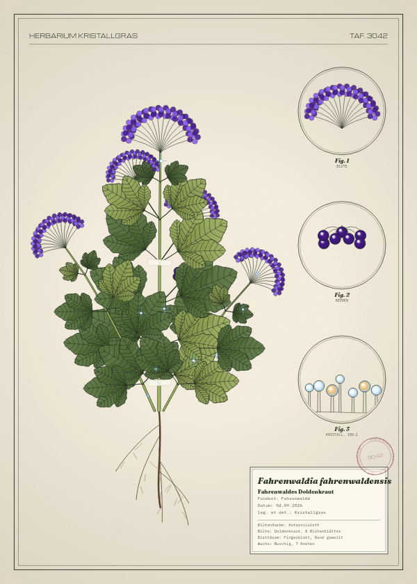 Botanische Tafel: Fahrenwaldia fahrenwaldensis, eine erfundene Pflanze aus Fahrenwalde, gezeichnet wie in einem alten Pflanzenatlas