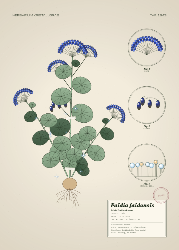 Botanische Tafel: Faidia faidensis, eine erfundene Pflanze aus Faid, gezeichnet wie in einem alten Pflanzenatlas