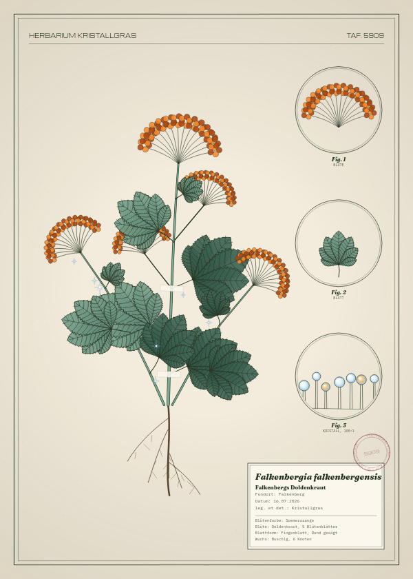 Botanische Tafel: Falkenbergia falkenbergensis, eine erfundene Pflanze aus Falkenberg, gezeichnet wie in einem alten Pflanzenatlas