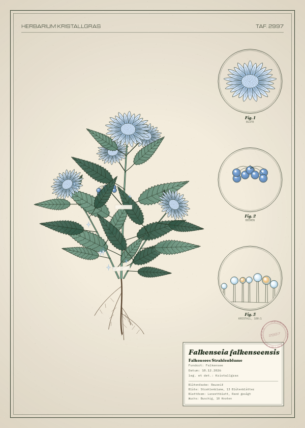 Botanische Tafel: Falkenseia falkenseensis, eine erfundene Pflanze aus Falkensee, gezeichnet wie in einem alten Pflanzenatlas