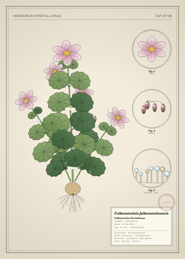 Botanische Tafel: Falkensteinia falkensteinensis, eine erfundene Pflanze aus Falkenstein, gezeichnet wie in einem alten Pflanzenatlas