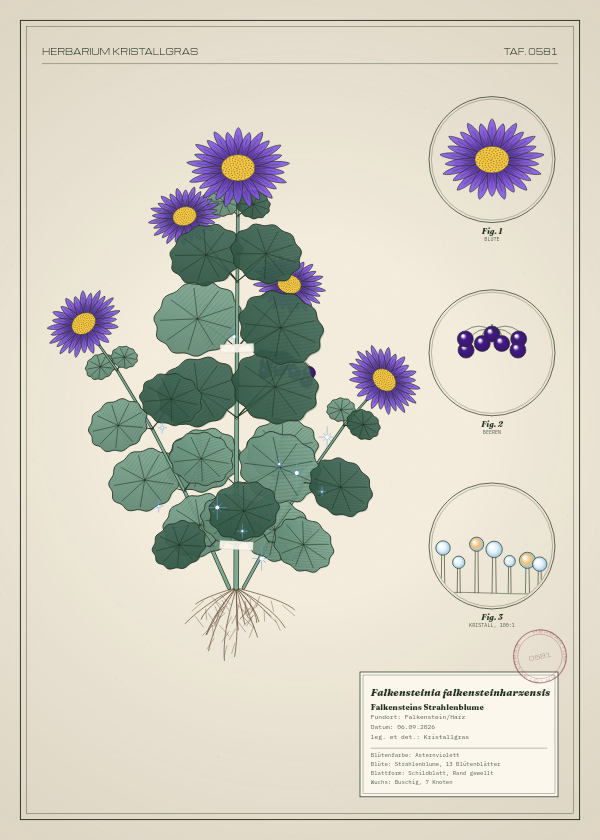 Botanische Tafel: Falkensteinia falkensteinharzensis, eine erfundene Pflanze aus Falkenstein/Harz, gezeichnet wie in einem alten Pflanzenatlas