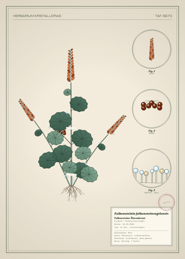 Botanische Tafel: Falkensteinia falkensteinvogtlensis, eine erfundene Pflanze aus Falkenstein/Vogtl., gezeichnet wie in einem alten Pflanzenatlas