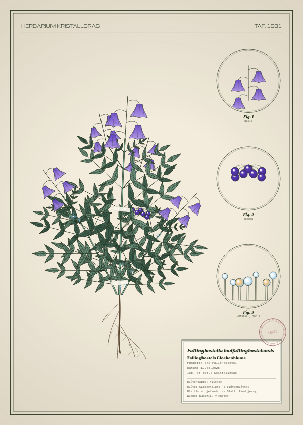 Botanische Tafel: Fallingbostelia badfallingbostelensis, eine erfundene Pflanze aus Bad Fallingbostel, gezeichnet wie in einem alten Pflanzenatlas