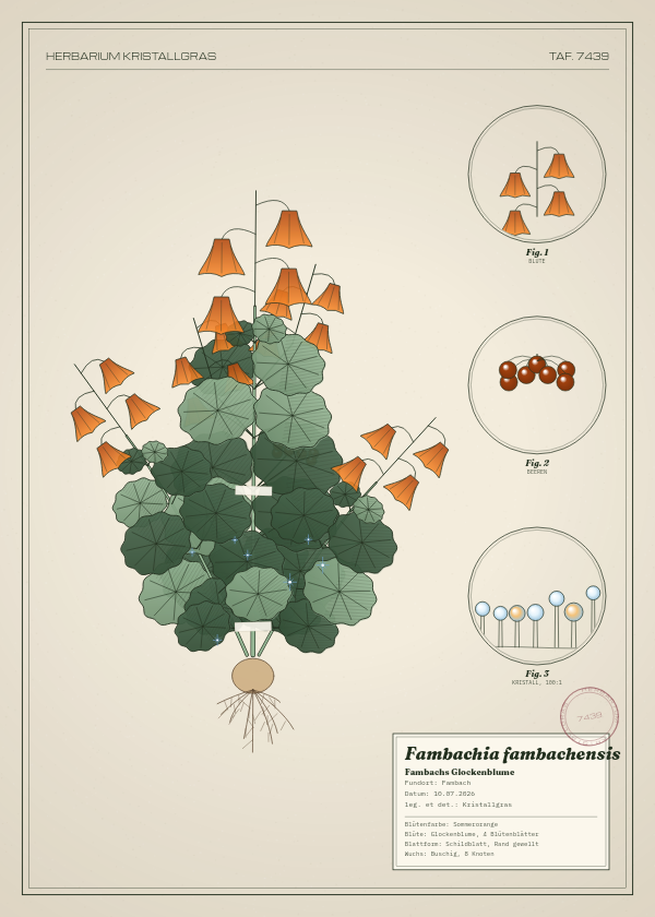 Botanische Tafel: Fambachia fambachensis, eine erfundene Pflanze aus Fambach, gezeichnet wie in einem alten Pflanzenatlas