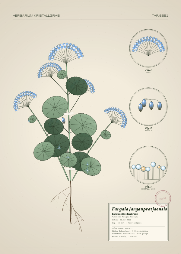 Botanische Tafel: Fargaia fargaupratjaensis, eine erfundene Pflanze aus Fargau-Pratjau, gezeichnet wie in einem alten Pflanzenatlas