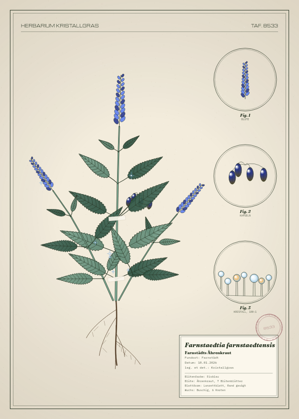 Botanische Tafel: Farnstaedtia farnstaedtensis, eine erfundene Pflanze aus Farnstädt, gezeichnet wie in einem alten Pflanzenatlas