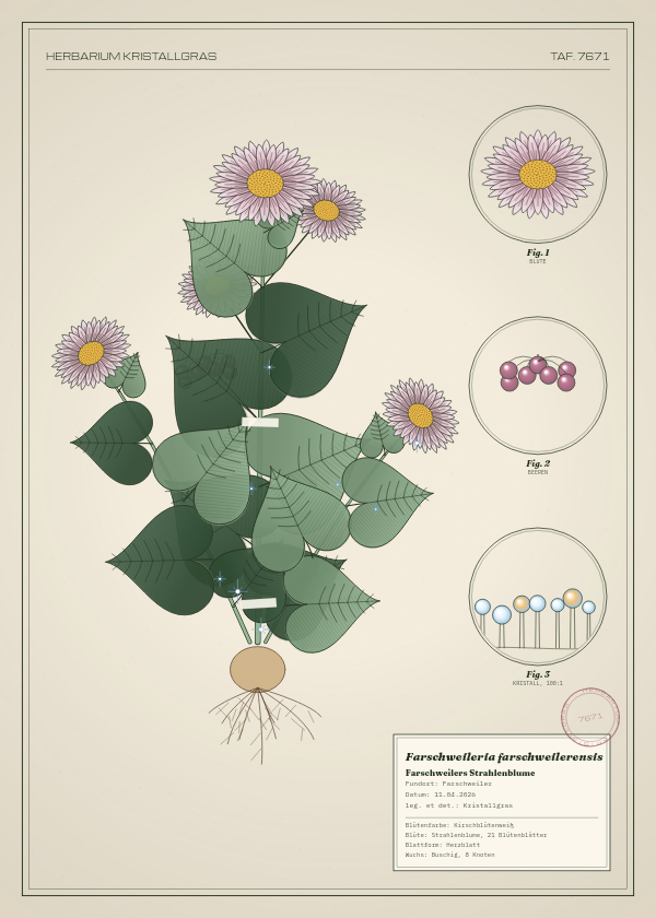 Botanische Tafel: Farschweileria farschweilerensis, eine erfundene Pflanze aus Farschweiler, gezeichnet wie in einem alten Pflanzenatlas