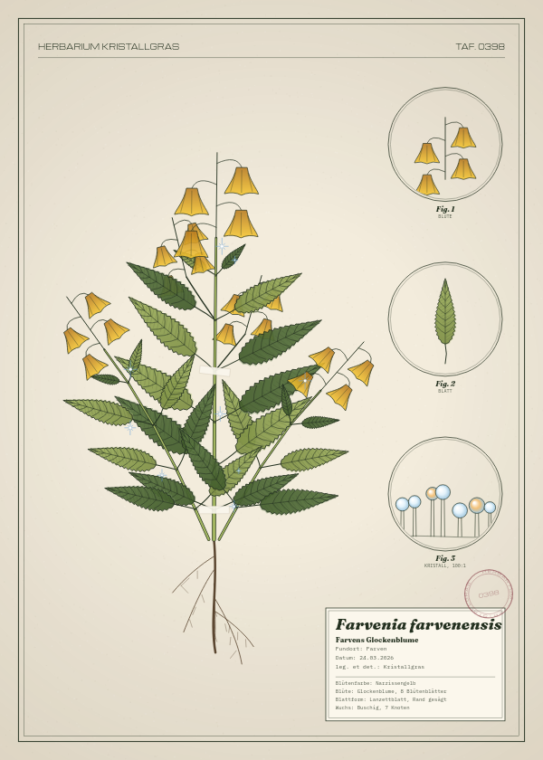 Botanische Tafel: Farvenia farvenensis, eine erfundene Pflanze aus Farven, gezeichnet wie in einem alten Pflanzenatlas