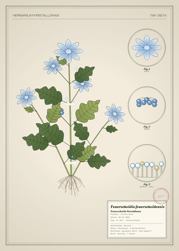 Botanische Tafel: Feuerscheidia feuerscheidensis, eine erfundene Pflanze aus Feuerscheid, gezeichnet wie in einem alten Pflanzenatlas