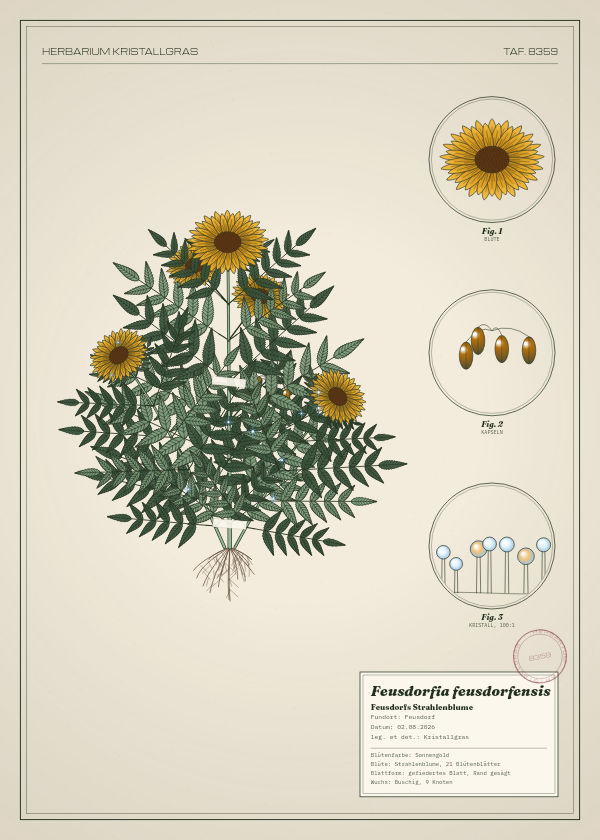 Botanische Tafel: Feusdorfia feusdorfensis, eine erfundene Pflanze aus Feusdorf, gezeichnet wie in einem alten Pflanzenatlas