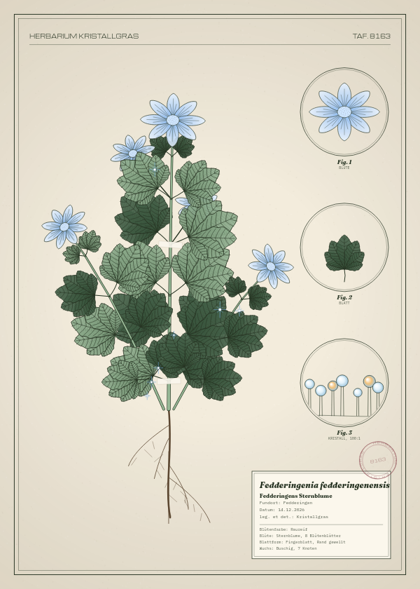 Botanische Tafel: Fedderingenia fedderingenensis, eine erfundene Pflanze aus Fedderingen, gezeichnet wie in einem alten Pflanzenatlas
