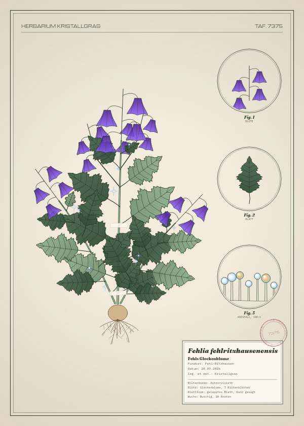 Botanische Tafel: Fehlia fehlritzhausenensis, eine erfundene Pflanze aus Fehl-Ritzhausen, gezeichnet wie in einem alten Pflanzenatlas