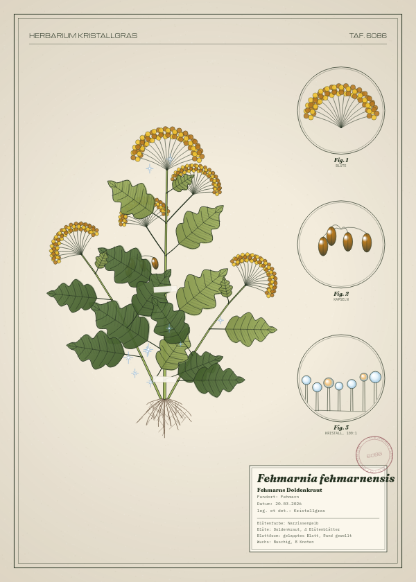 Botanische Tafel: Fehmarnia fehmarnensis, eine erfundene Pflanze aus Fehmarn, gezeichnet wie in einem alten Pflanzenatlas