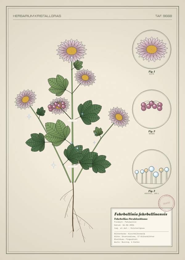 Botanische Tafel: Fehrbellinia fehrbellinensis, eine erfundene Pflanze aus Fehrbellin, gezeichnet wie in einem alten Pflanzenatlas