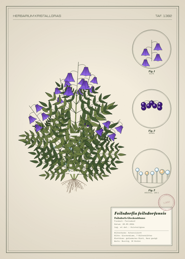 Botanische Tafel: Feilsdorfia feilsdorfensis, eine erfundene Pflanze aus Feilsdorf, gezeichnet wie in einem alten Pflanzenatlas