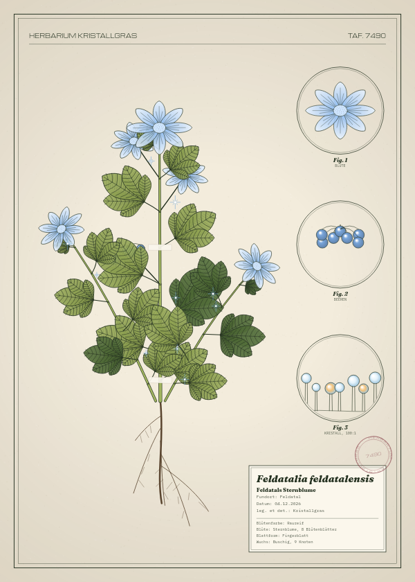Botanische Tafel: Feldatalia feldatalensis, eine erfundene Pflanze aus Feldatal, gezeichnet wie in einem alten Pflanzenatlas
