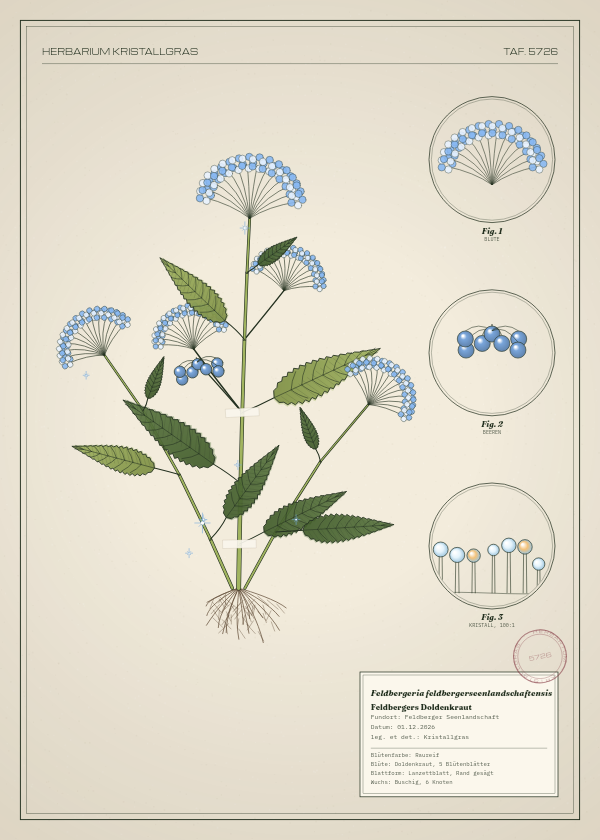 Botanische Tafel: Feldbergeria feldbergerseenlandschaftensis, eine erfundene Pflanze aus Feldberger Seenlandschaft, gezeichnet wie in einem alten Pflanzenatlas