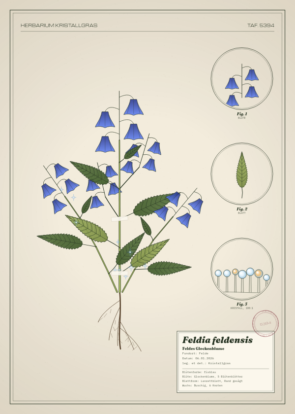 Botanische Tafel: Feldia feldensis, eine erfundene Pflanze aus Felde, gezeichnet wie in einem alten Pflanzenatlas