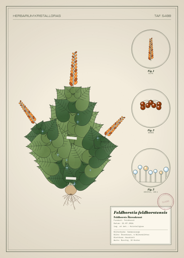 Botanische Tafel: Feldhorstia feldhorstensis, eine erfundene Pflanze aus Feldhorst, gezeichnet wie in einem alten Pflanzenatlas