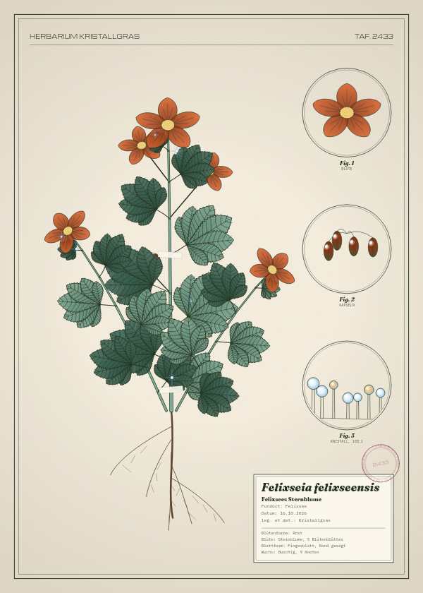 Botanische Tafel: Felixseia felixseensis, eine erfundene Pflanze aus Felixsee, gezeichnet wie in einem alten Pflanzenatlas