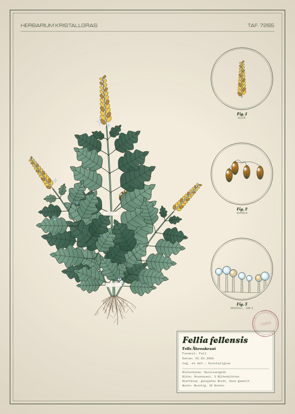 Botanische Tafel: Fellia fellensis, eine erfundene Pflanze aus Fell, gezeichnet wie in einem alten Pflanzenatlas