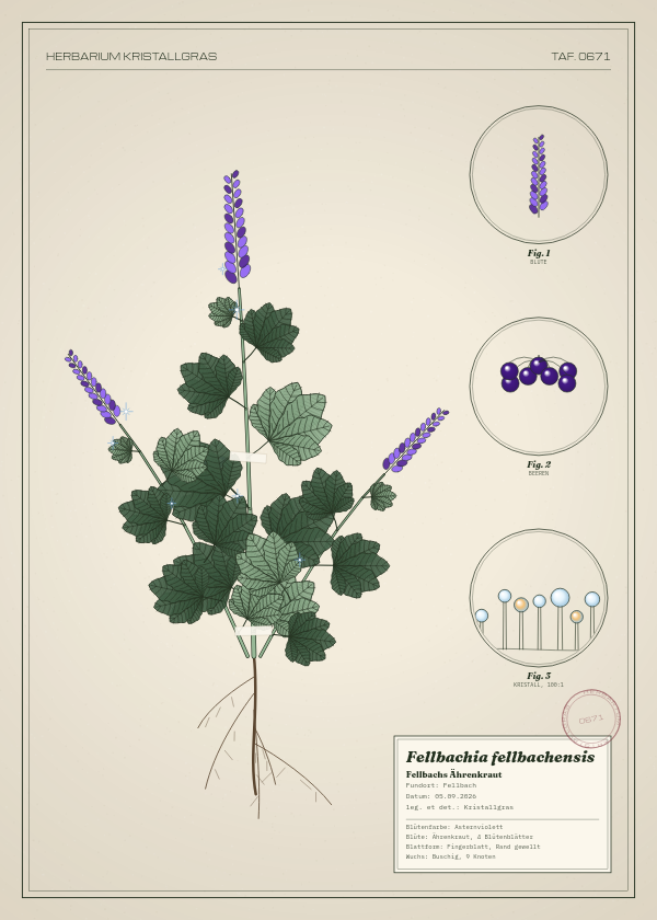 Botanische Tafel: Fellbachia fellbachensis, eine erfundene Pflanze aus Fellbach, gezeichnet wie in einem alten Pflanzenatlas