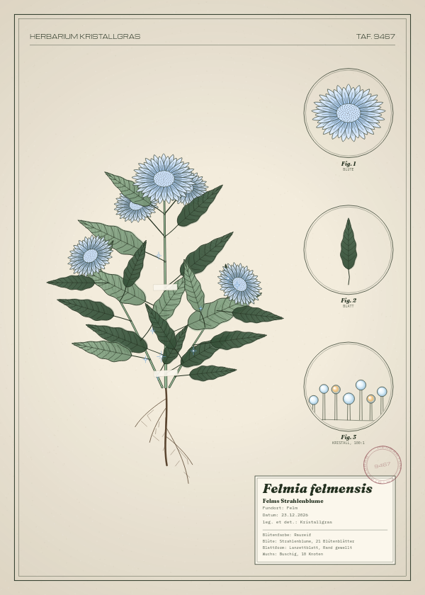 Botanische Tafel: Felmia felmensis, eine erfundene Pflanze aus Felm, gezeichnet wie in einem alten Pflanzenatlas