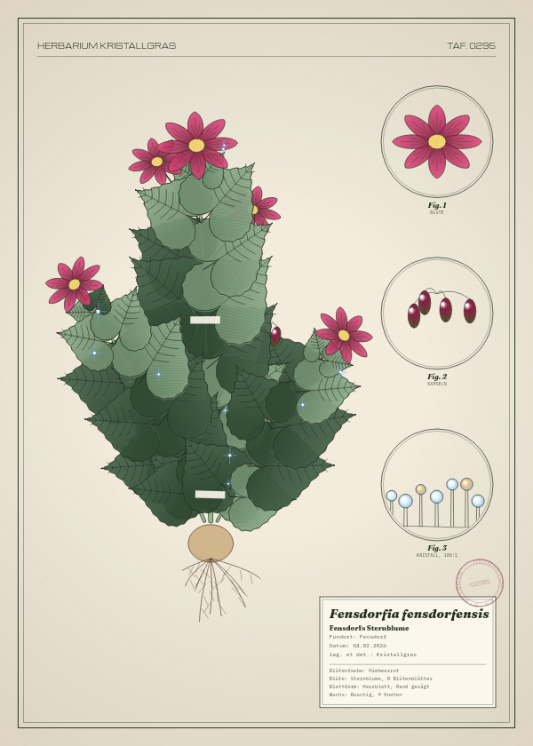 Botanische Tafel: Fensdorfia fensdorfensis, eine erfundene Pflanze aus Fensdorf, gezeichnet wie in einem alten Pflanzenatlas