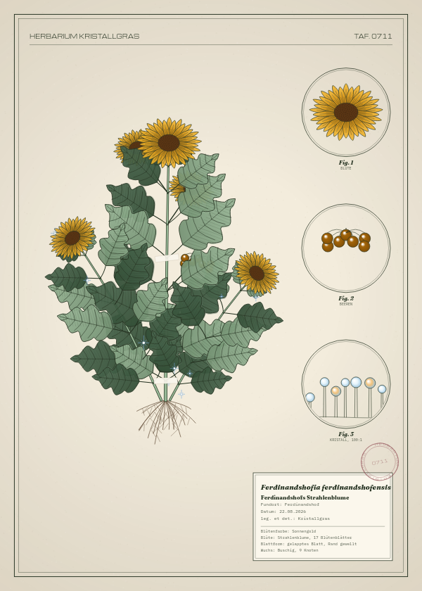 Botanische Tafel: Ferdinandshofia ferdinandshofensis, eine erfundene Pflanze aus Ferdinandshof, gezeichnet wie in einem alten Pflanzenatlas