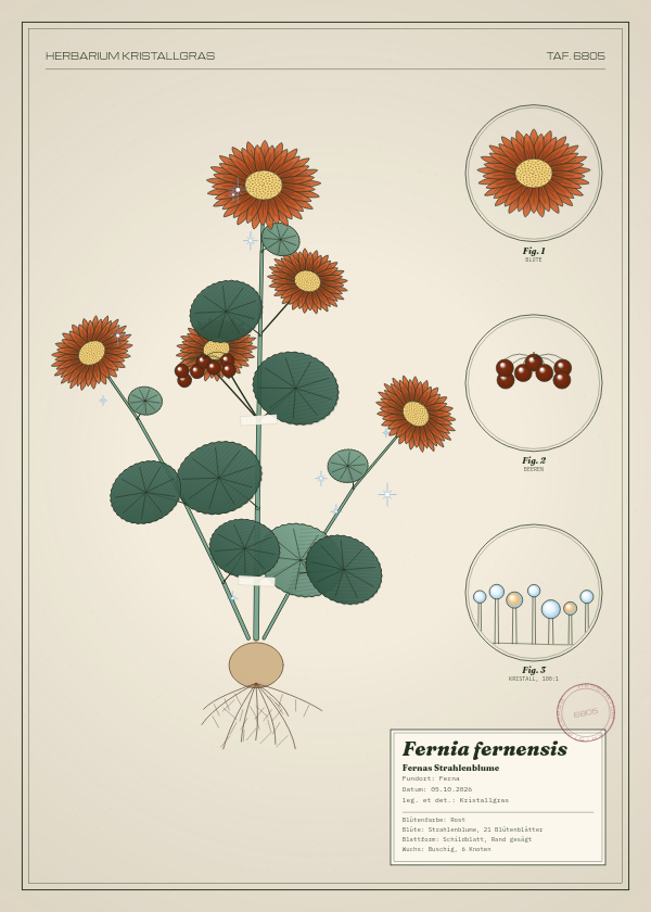 Botanische Tafel: Fernia fernensis, eine erfundene Pflanze aus Ferna, gezeichnet wie in einem alten Pflanzenatlas