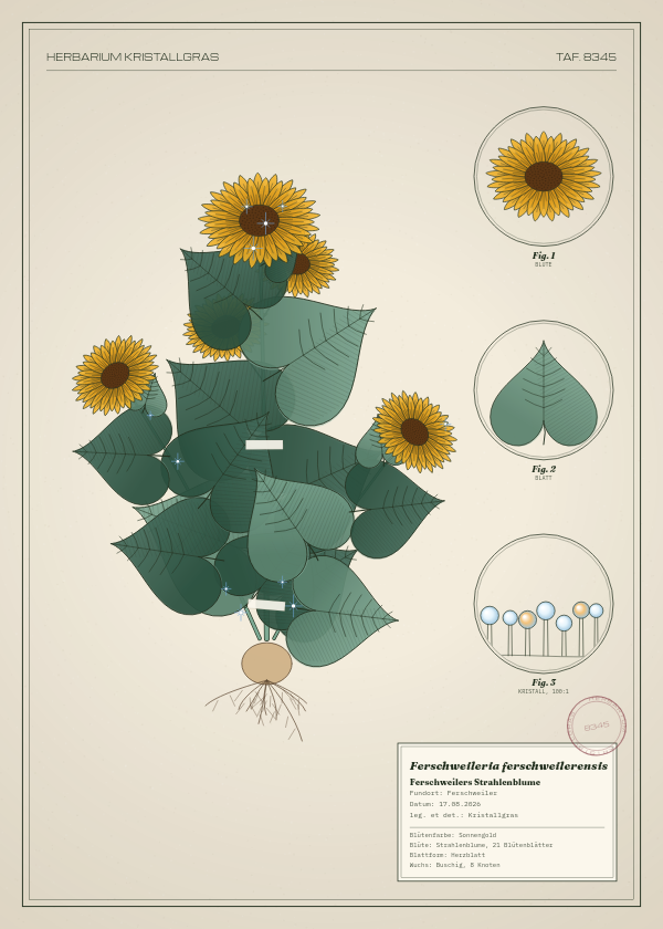 Botanische Tafel: Ferschweileria ferschweilerensis, eine erfundene Pflanze aus Ferschweiler, gezeichnet wie in einem alten Pflanzenatlas